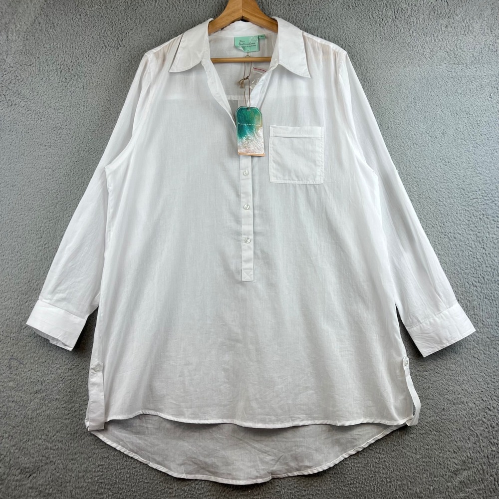 NWT True Destinations Womens White Cotton Tunic Shirt Long Sleeve Pocket Large